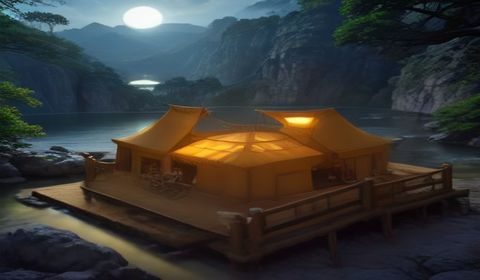 美景之屋2游戏场景截图，山间小屋在夕阳余晖下呈现温暖橙红色调，远处山峦叠嶂，画面极具治愈感与叙事氛围
